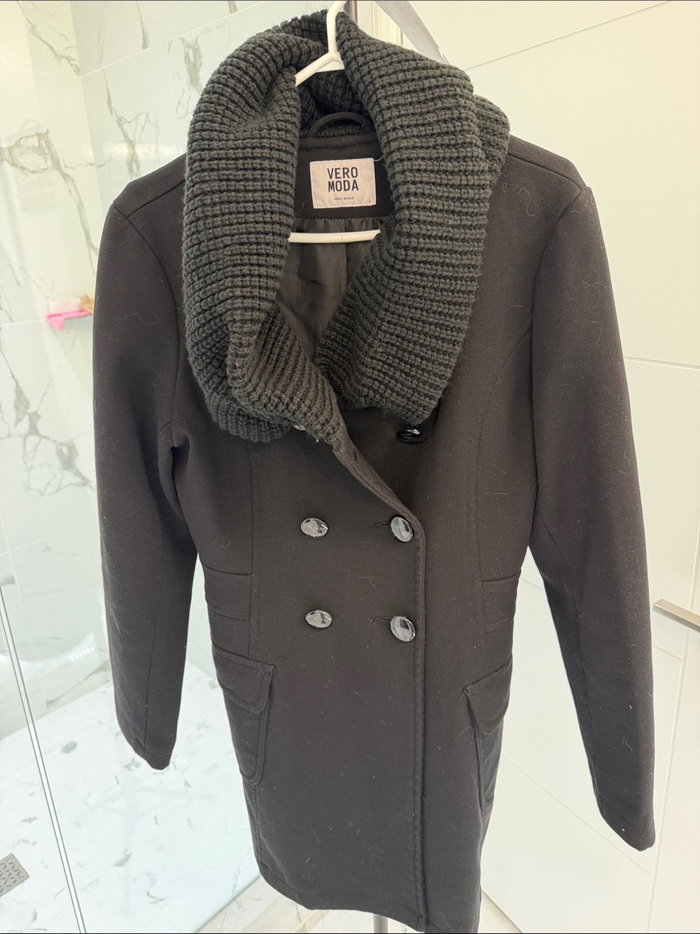 Vero Moda Black Double-Breasted Pea Coat with Knit Shawl Collar